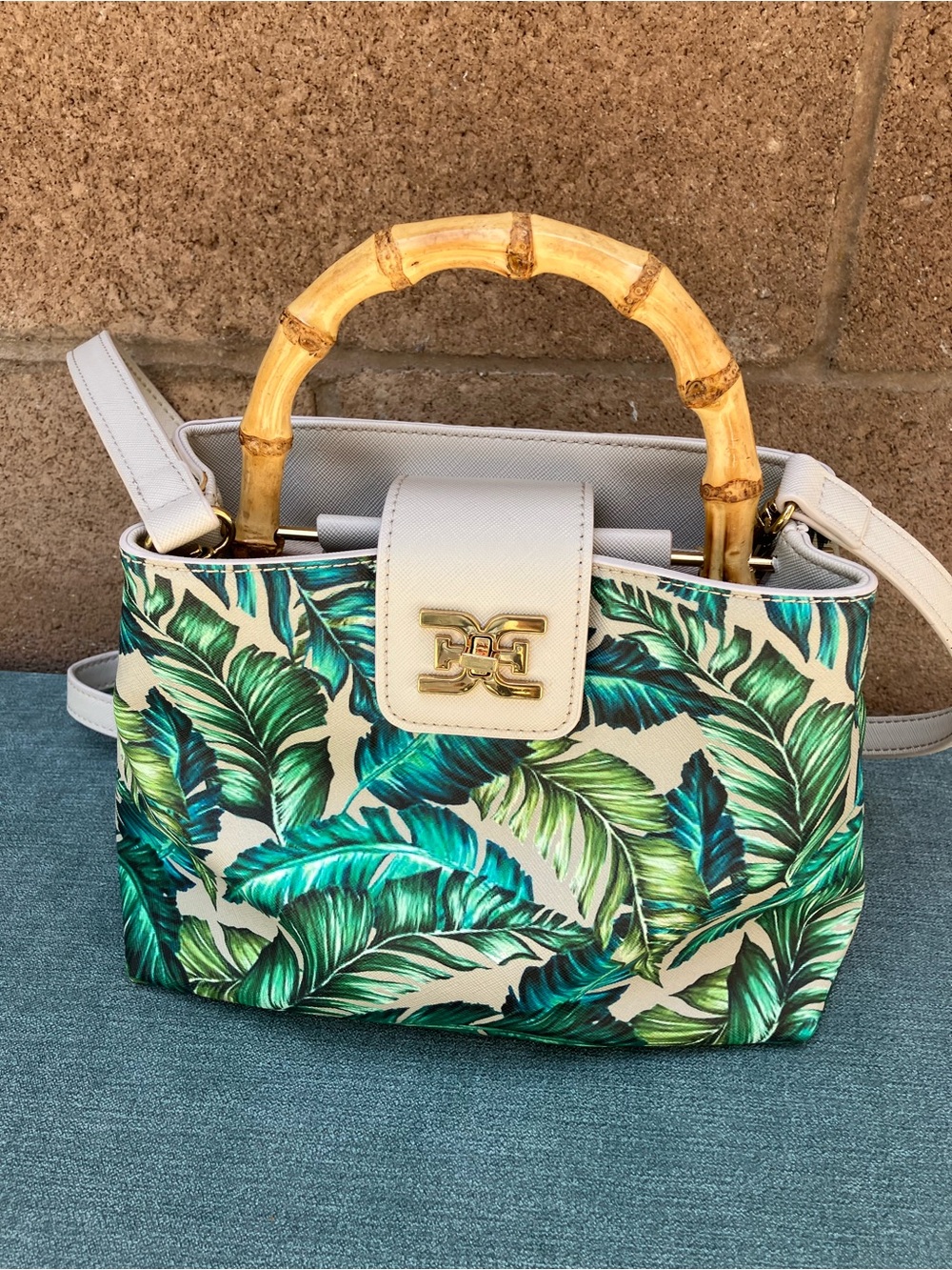 Sam Edelman Tropical Leaf Print Lois Crossbody with Bamboo Handle - Picture 2 of 16